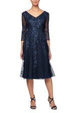 NWT Alex Evenings Lace Floral A Line Dress Navy Blue 16P Mother Of Bride Formal