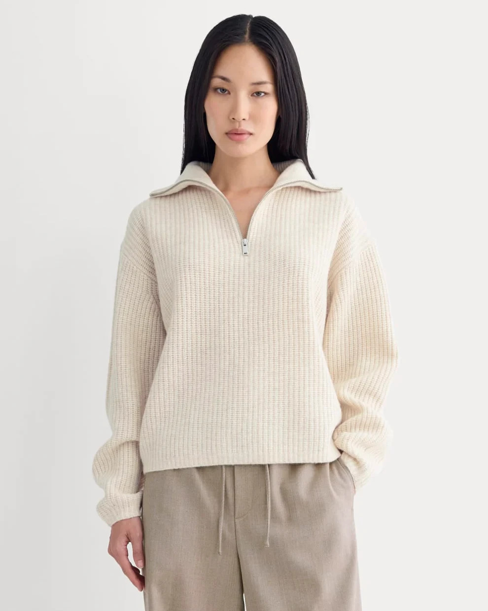 Everlane The Half-Zip Sweater in Luxe Merino Heathered Oat, Size Medium
