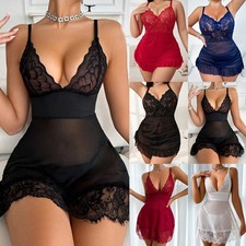 Women Sexy Lace Mesh Sheer Nightdress Lingerie Sleepwear Robe Babydoll Nightwear