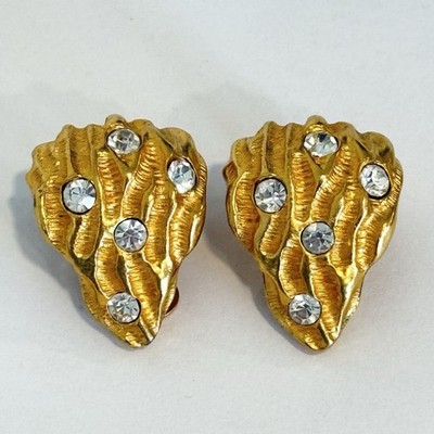 Vintage Chunky Gold Tone Clip Earrings NATORI Rhinestone 90s Textured Ripple