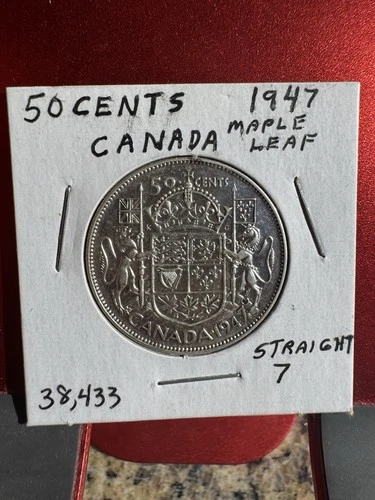1947 Maple Leaf Canada 50 Cents – straight 7 maple leaf  80% Silver Coin RARE