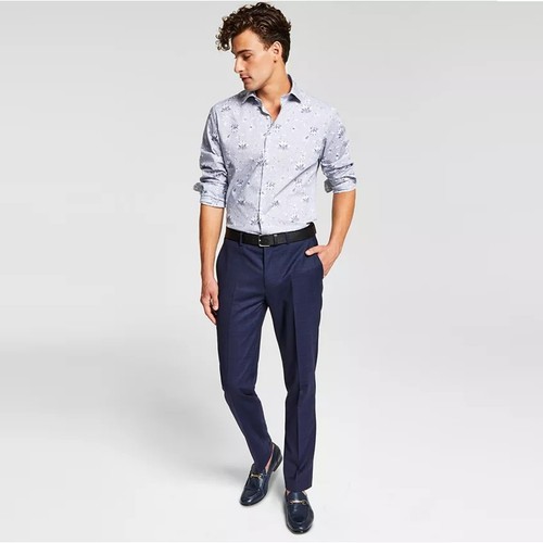 Bar III Men's Navy Plaid Wool Blend Classic Slim Suit Dress Pants Size 38W 30L