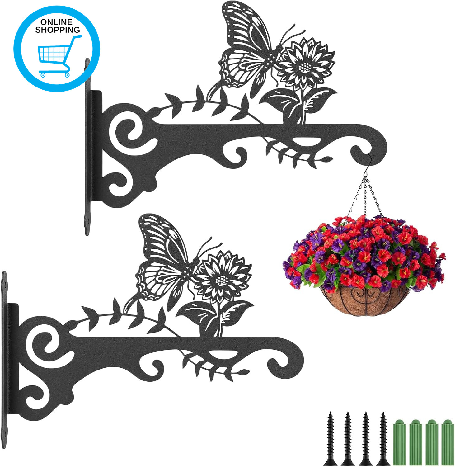 2 Pack Hanging Basket Bracket with Screws, Outdoor Plant Hanging Bracket, Black