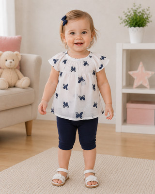 Stummer Mädchen Set Bluse & Caprileggings Blau Weiß Baumwolle Neu