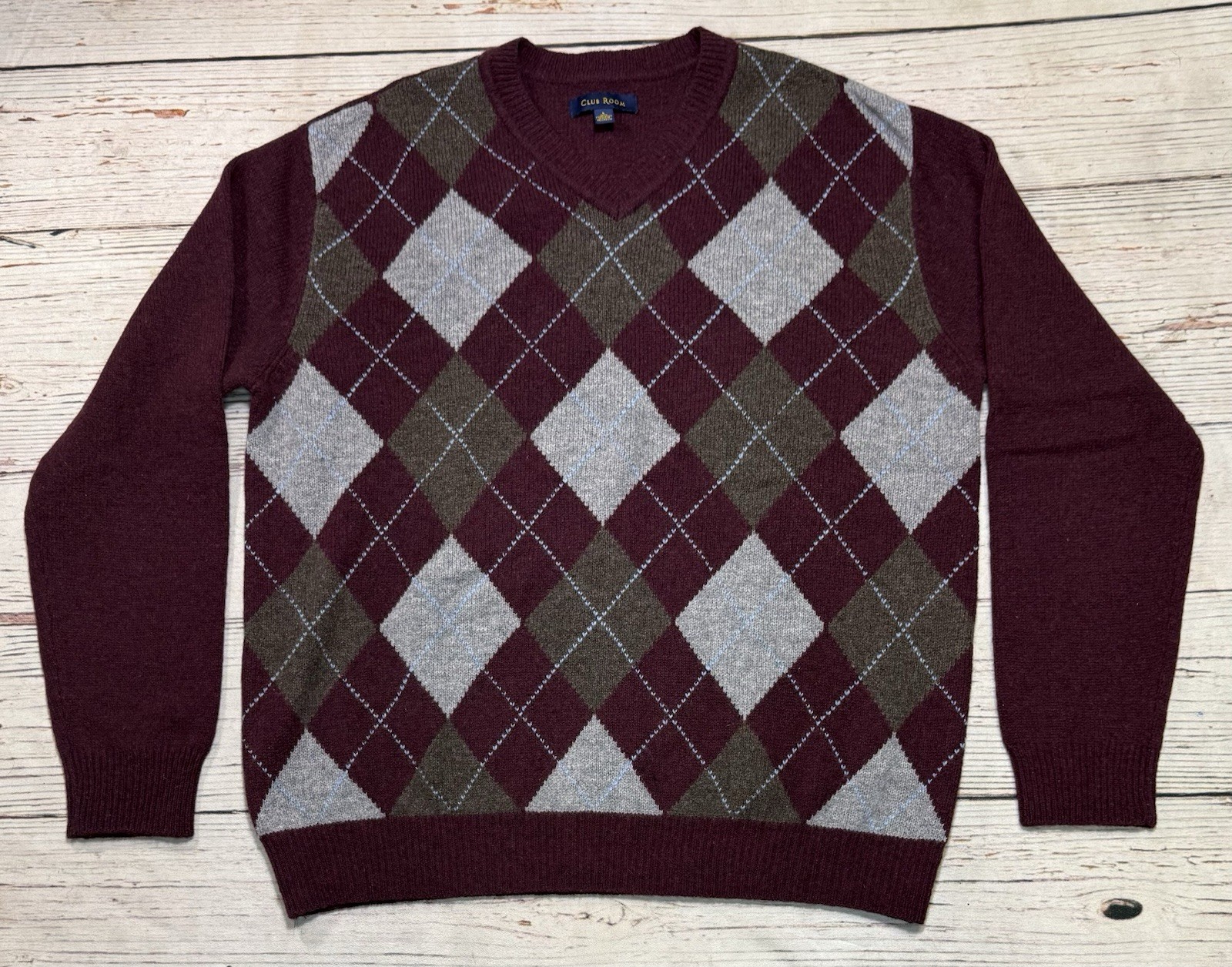 Club Room V Neck Sweater Men’s Sz L Burgundy Argyle 100% Lambswool