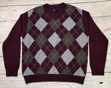 Club Room V Neck Sweater Men s Sz L Burgundy Argyle 100 Lambswool