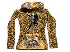 Vtg Ed Hardy Christian Audigier Women's Panther Cheetah Pattern Zip-Up Hoodie XS