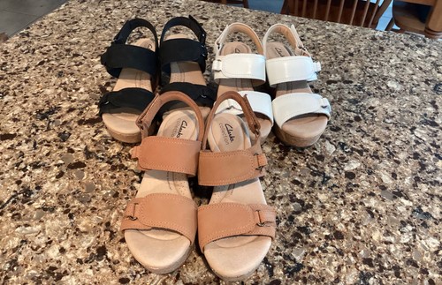 Clarks Rose Lane 7 wide sandals- lot of 3 black tan white- new without boxes