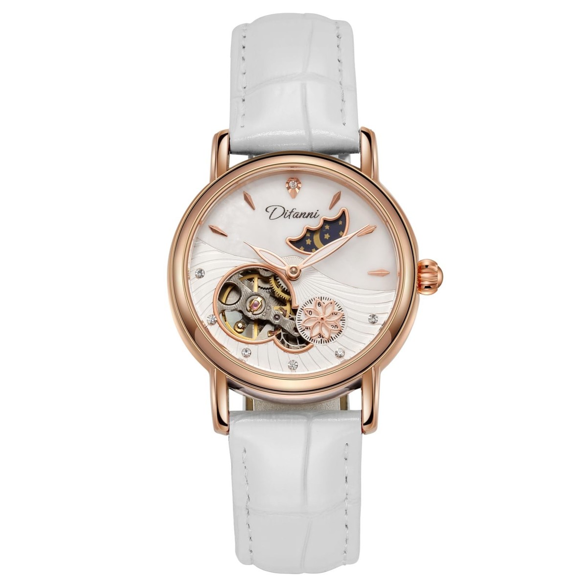 Women's Moon Phase Automatic Watch - Rose Gold Skeleton Pearl Dial