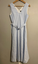Theory Dress Womens 4 Blue Linen Blend Belted V Neck Sleeveless Maxi Workwear