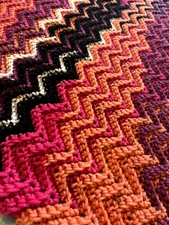 Crochet Chevron Afghan Throw Lap Blanket 44"x41 Pink Black Handmade Retro Vibe