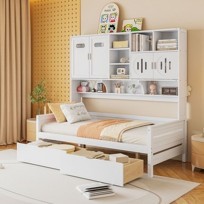 Twin Size Wooden Daybed with 2 Drawers Cabinet Shelf Storage Bed Frame