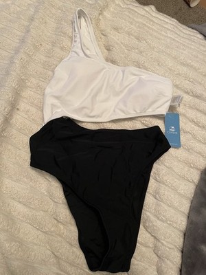 CUPSHE Small One Piece Black Swim Bathing Suit, One Shoulder, Open Side, B&W