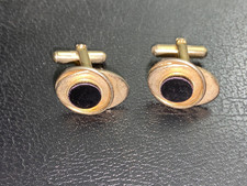 Vintage Gold Tone Cufflinks w/ Black Stone Oval Design – Classic Mid Century Set