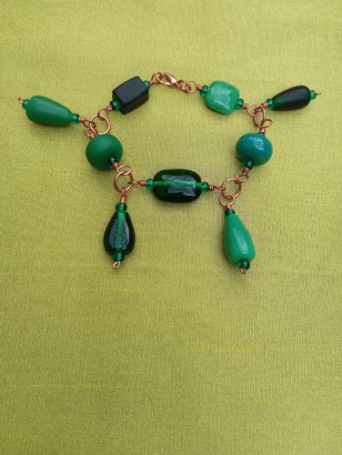 Copper Wire & Green Beads Bracelet OOAK Handcrafted