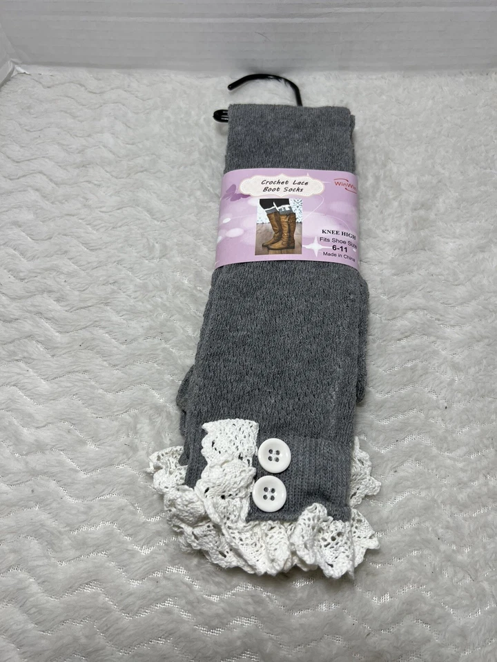 WinWin Mujer 2 Botones Crochet Encaje Bota Rodillas Calcetines 6-11 Zapato Elige Color Foto 3 de 4