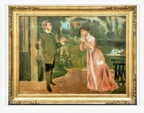 ANTIQUE VICTORIAN 19TH C. OIL ON CANVAS PAINTING MAN PROUDLY GIVING FISH TO WIFE - Photo 1 sur 12