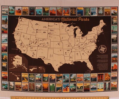 36.5'' X 44'' Panel America's National Parks Map Postcards Cotton Fabric D472.42