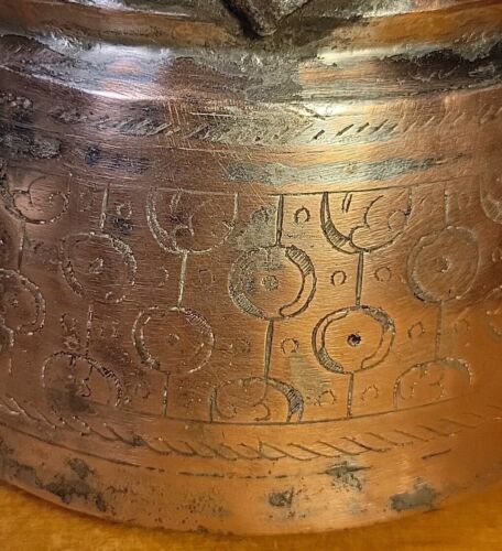 Antique Turkish Hand Hammered Copper Cauldron w/ Etched Designs & Snake Handle - Picture 9 of 14