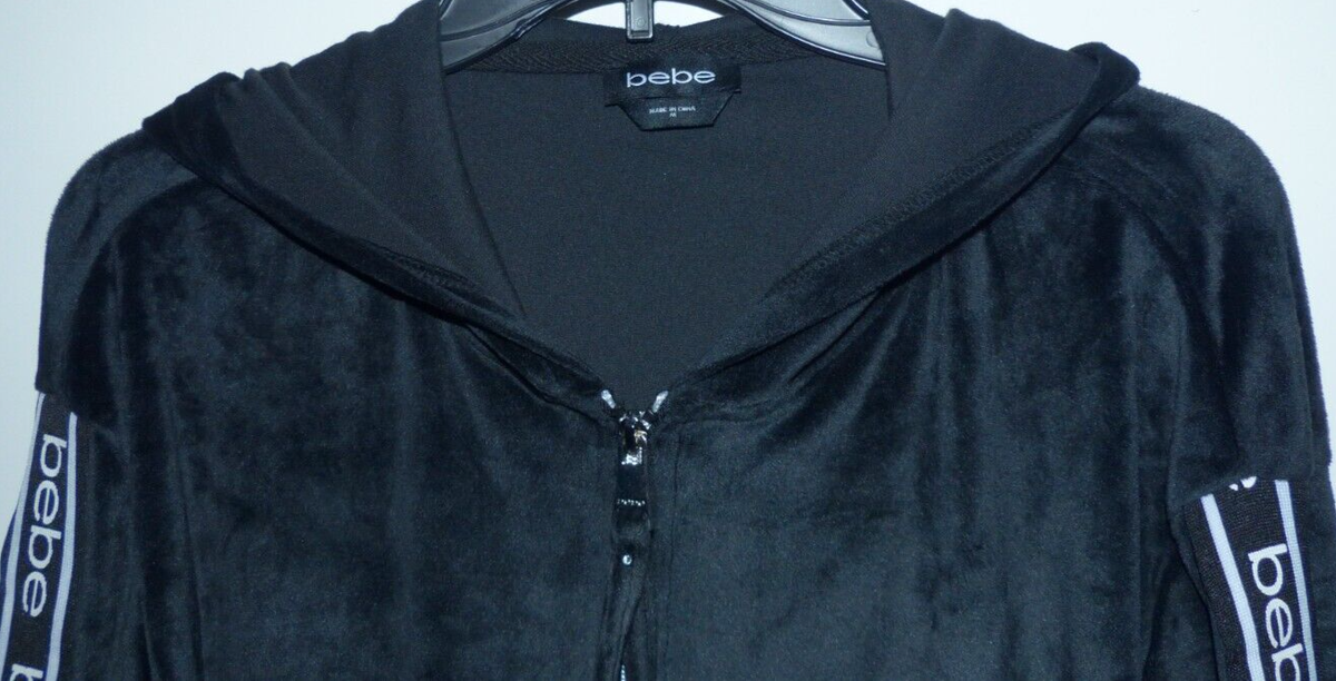 ♡bebe♡ New $69 bebe Black LOGO Sleeve Velvet Velour Zip Up Front Hoodie