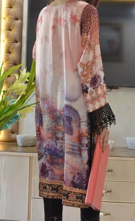 Blusa feminina Kurti de seda estampa digital designer paquistanês M - Imagem 2 de 2