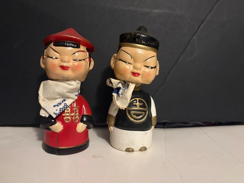 set of 2 vintage Asian Oriental nodders bobble heads w/ rhinestone eyes