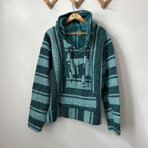 y2k drug rug turquoise striped M Made in Mexico unisex baja hoodie