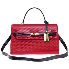 Aura Italian Made Genuine Red Embossed Leather Small Structured Handbag