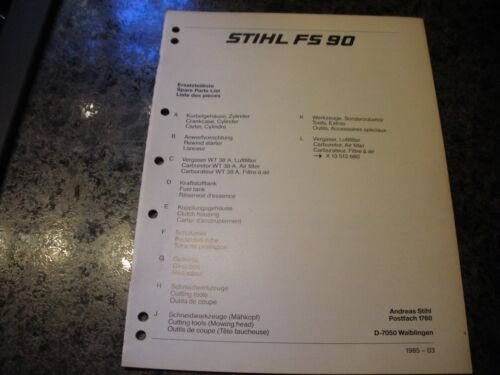 Stihl chainsaw parts list manual ,Stihl FS 90 print 1985 illustrated manual  - 第 1/1 張圖片