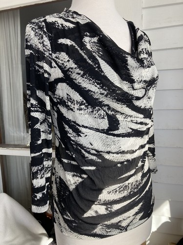 CABLE & GAUGE Sheer Top Sz L Black Ivory Stretchy Ruched Mesh 3/4 Slv Office EUC - Picture 12 of 20