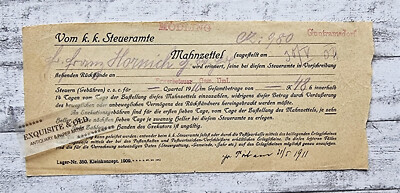 1911 k. k. Steueramt Mödling Guntramsdorf Mahnzettel Erwerbsteuer Dokument alt