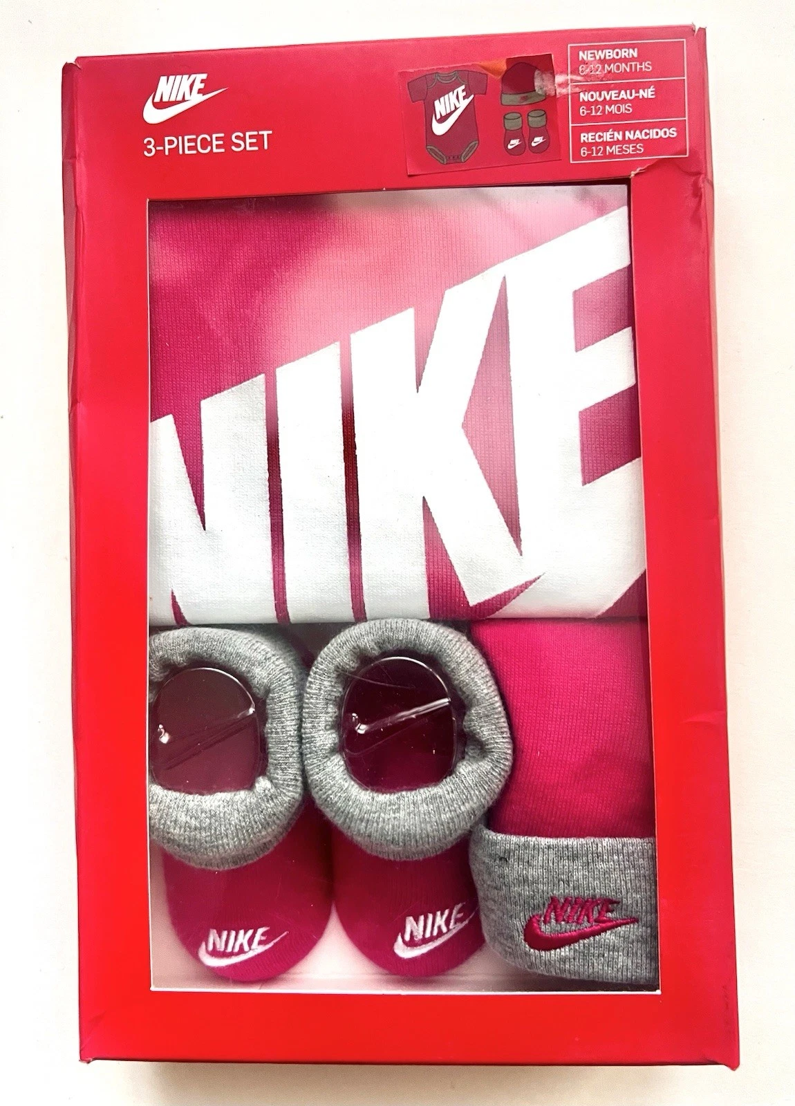 NIKE Baby Newborn Futura Logo 3-Piece Set Pink Age 6-12 Months NEW