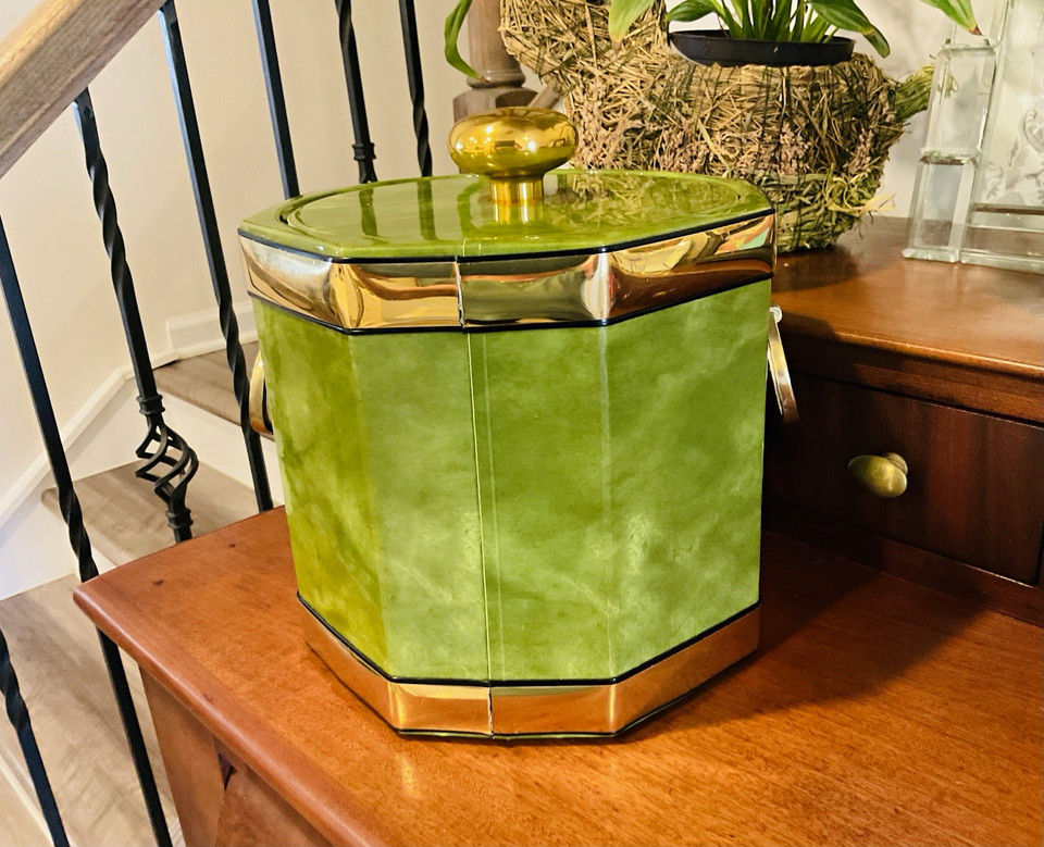 Vintage Mid Century Kraftware Octagonal Ice Bucket Avocado Green Faux Leather 