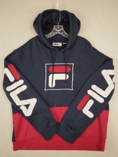 FILA Men's XXL Navy/Red Colorblock Spellout Pullover Hoodie Cotton Blend Logo