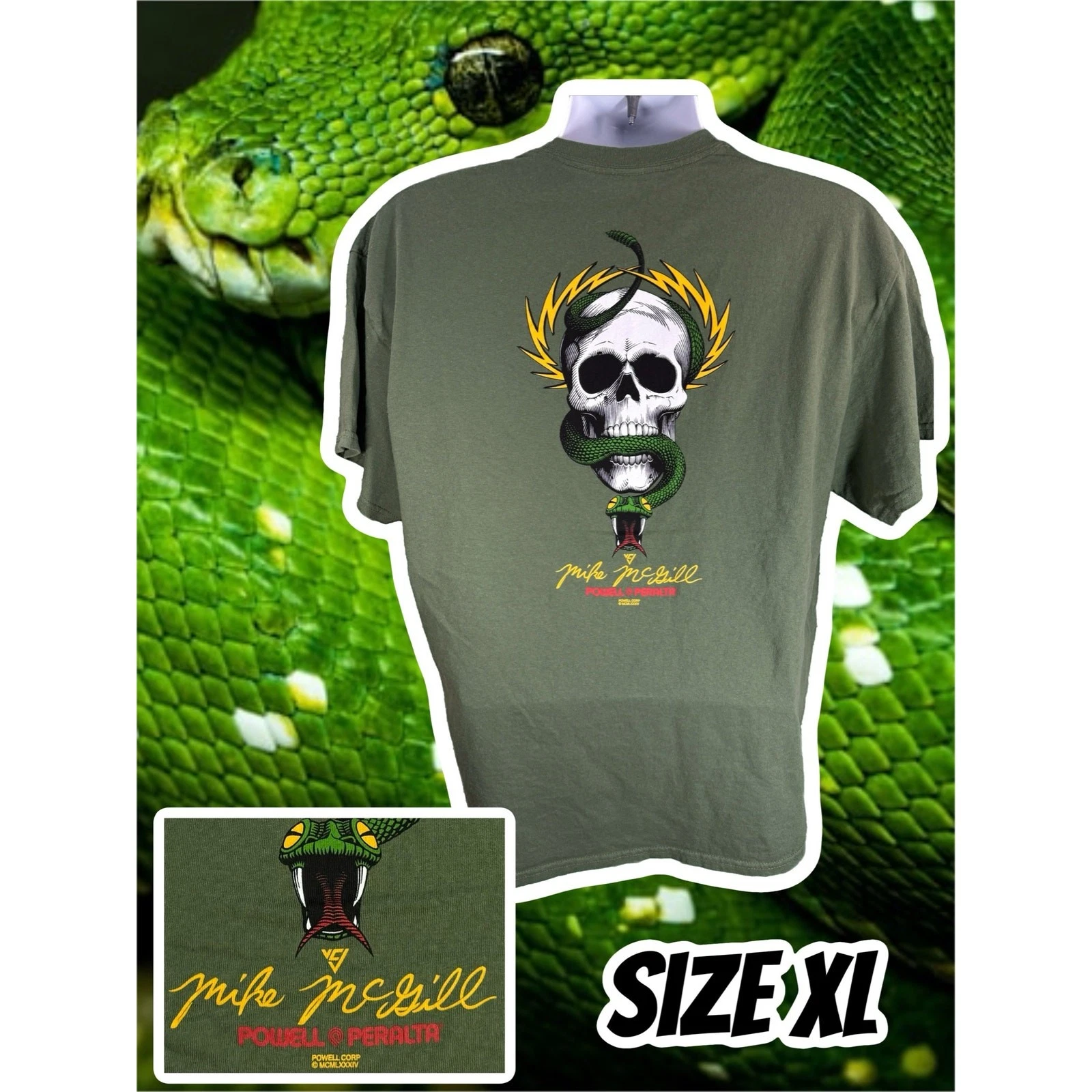 Powell Peralta Mike McGill Skull and Snake Skateboard T Shirt Military Green XL