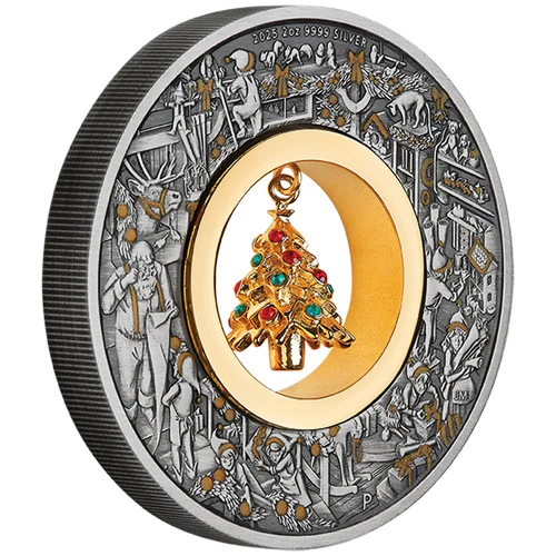 Moneta Argento Albero di Natale Laboratorio di Babbo Natale 2025 - Tuvalu - 2 Oz Finitura Antica - Foto 1 di 5