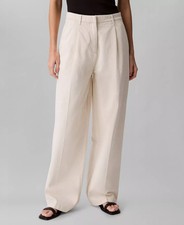 Calvin Klein Linen Blend Pleated Wide-Leg Pants Women's W29 Natural Zip Hook Bar