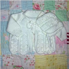 Handmade Vintage Crochet White Baby Cardigan with Bonnet 6/9