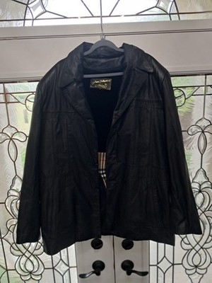 Vintage Raffaelo Black Leather Car Coat Jacket Plaid Lined