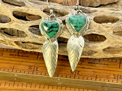 Vintage Navajo Sterling Silver Green Chrysocolla Feather dangles--1333.26