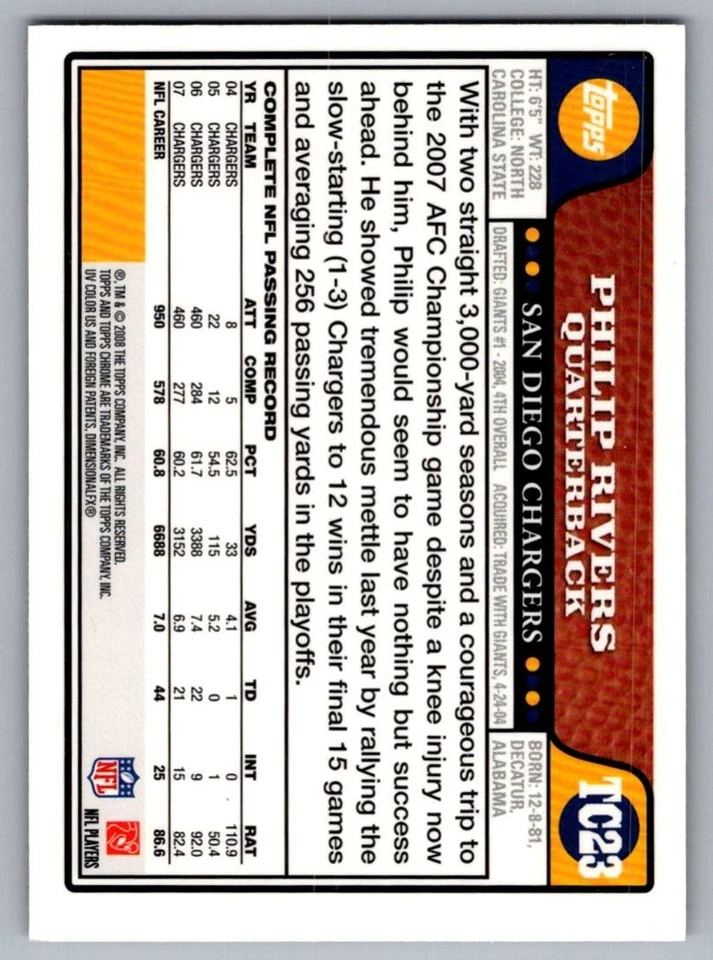 2008 Topps Chrome Philip Rivers San Diego Chargers #TC23 - Image 2 of 2