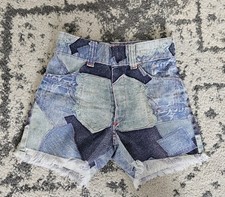 Vintage 60s 70s Boys Faux Patchwork Denim Cutoff Shorts Size 8 Broken Zipper