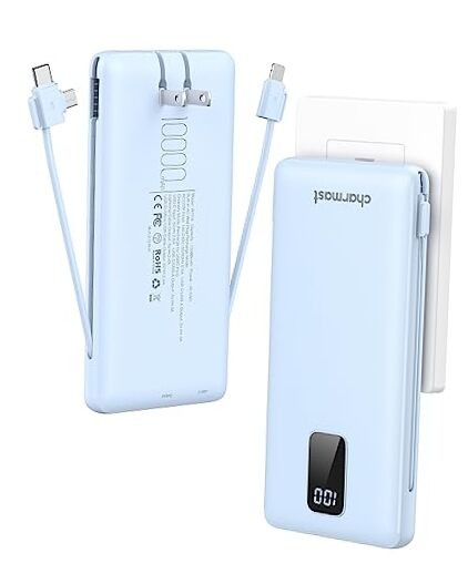 10000mAh Blue Portable Charger with Built-in Cables & Wall Plug-image