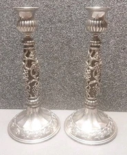 VTG Mid Century Godinger Silver Plate Candlesticks Amber Inserts Grapes 10 1/2”