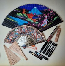 Vintage Oriental Hand Held Fan Lot of 11 Foldable Printed Paper, Wood, Metal