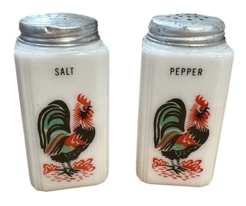 Vintage Tipp McKee Milk Glass Salt And Pepper Shakers With Roosters USA  4" Tall