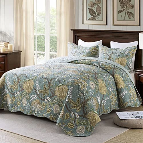  3-Piece Quilt Set Quilted Bedspread Cotton Coverlet Set King X2-green Vine - Изображение 2 из 4