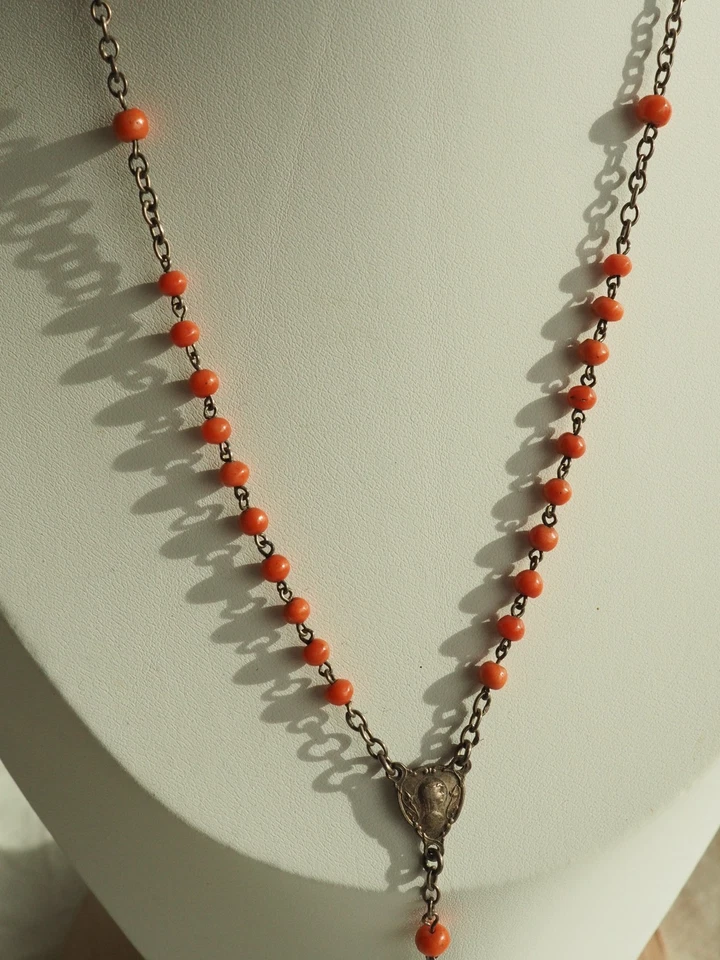 CHAPELET ANCIEN ARGENT MASSIF CORAIL ANTIQUE SILVER CORAL ROSARY - Photo 4/4