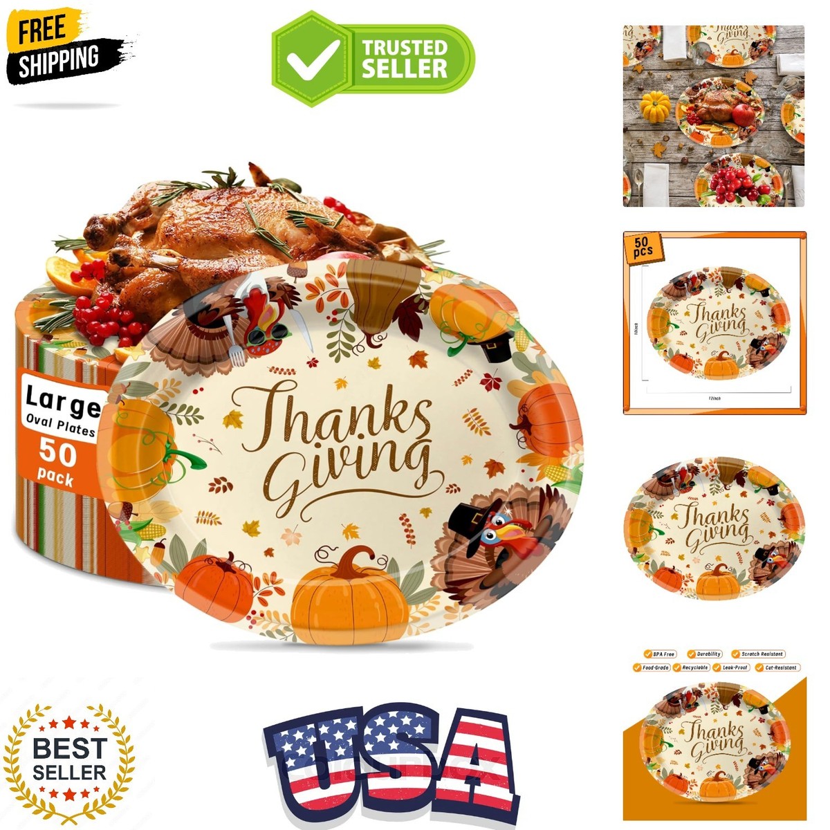 Disposable Thanksgiving Dinner Plates 50 Pack Heavy Duty Oval