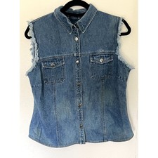 Roper Denim Sleeveless Fringe Vest Embroidered Logo Spellout On Back Y2k
